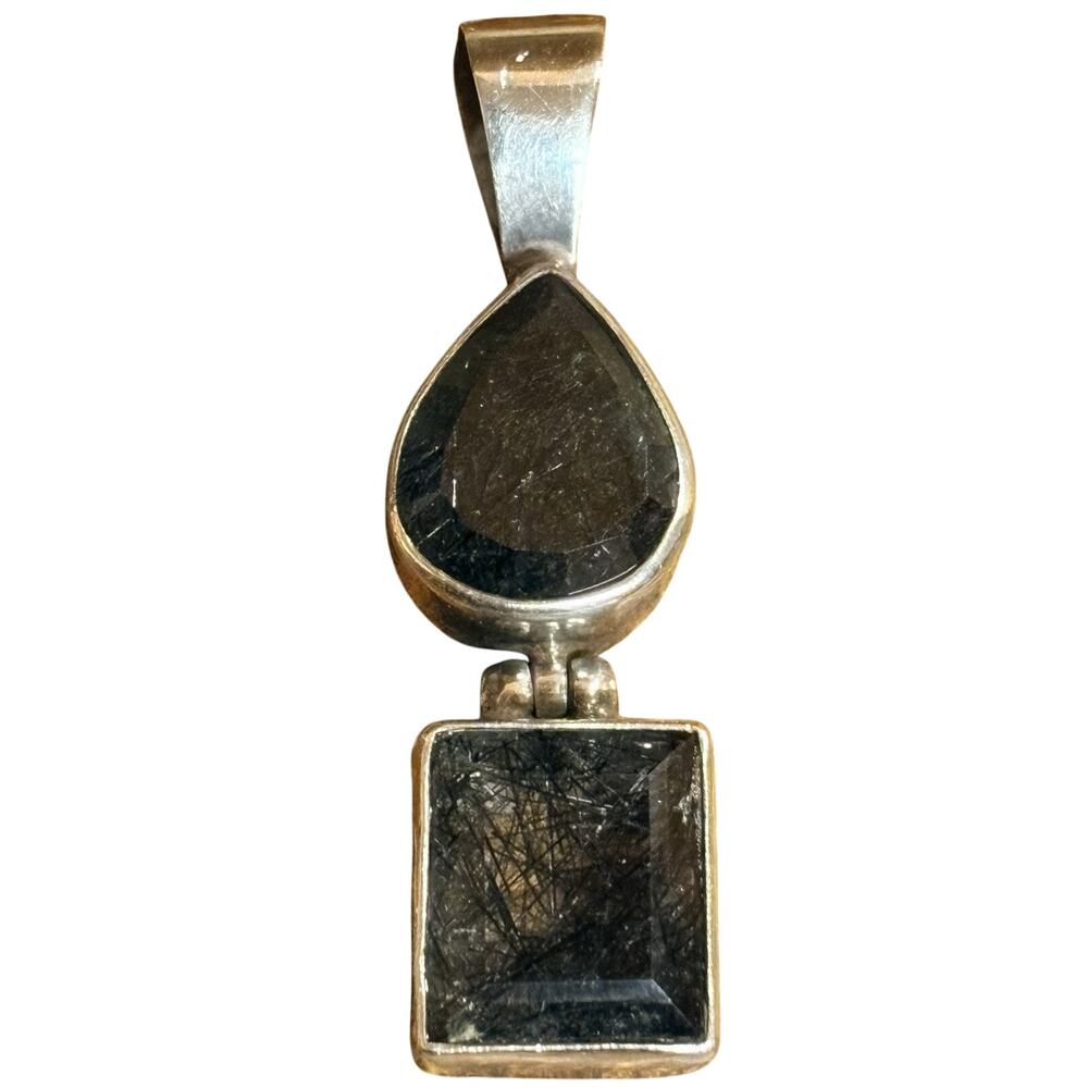 Sterling Silver & Tourmalinated Quartz Pendant Vintage 2.10 Inches Long